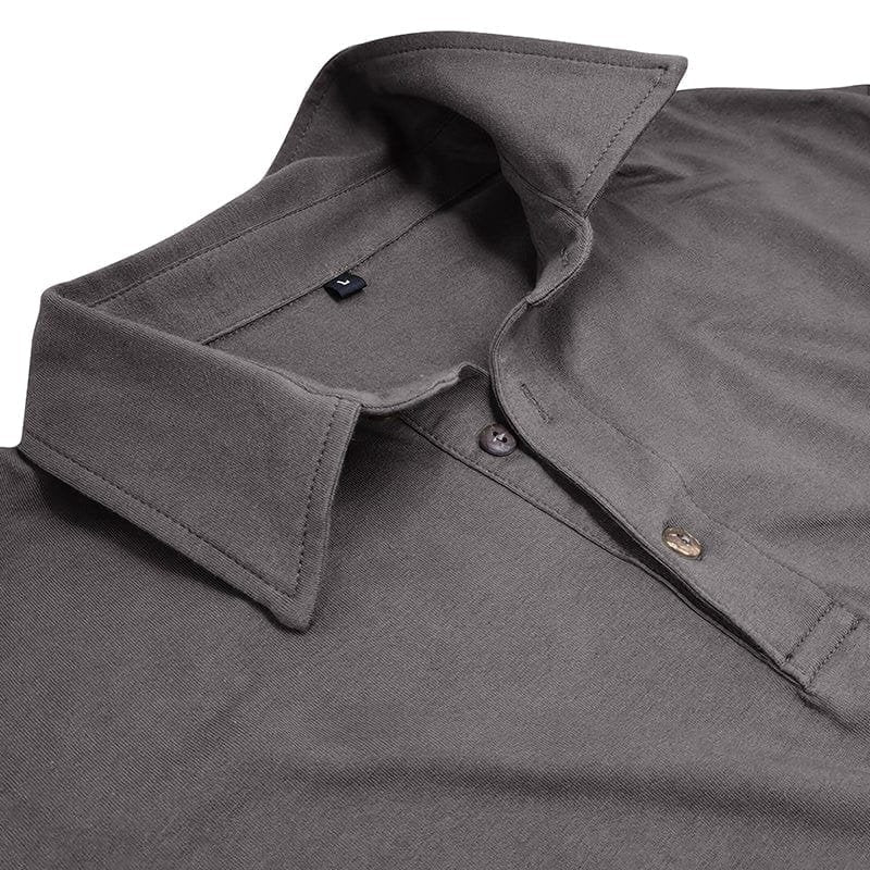 Overhead flat lay of the men's smart casual long-sleeve polo shirt.