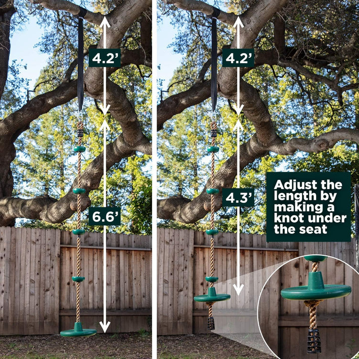 Close-up of the textured climbing rope and multi-platform disc seat for safe outdoor kids play
