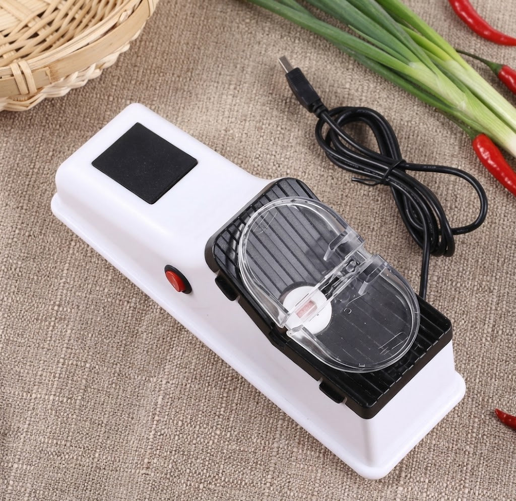 Electric knife sharpener unit with USB charging cable and fresh green onions