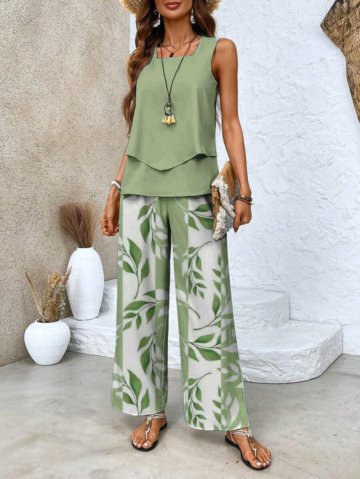 Close-up of the leaf print pattern on the women's fashion two-piece outfit