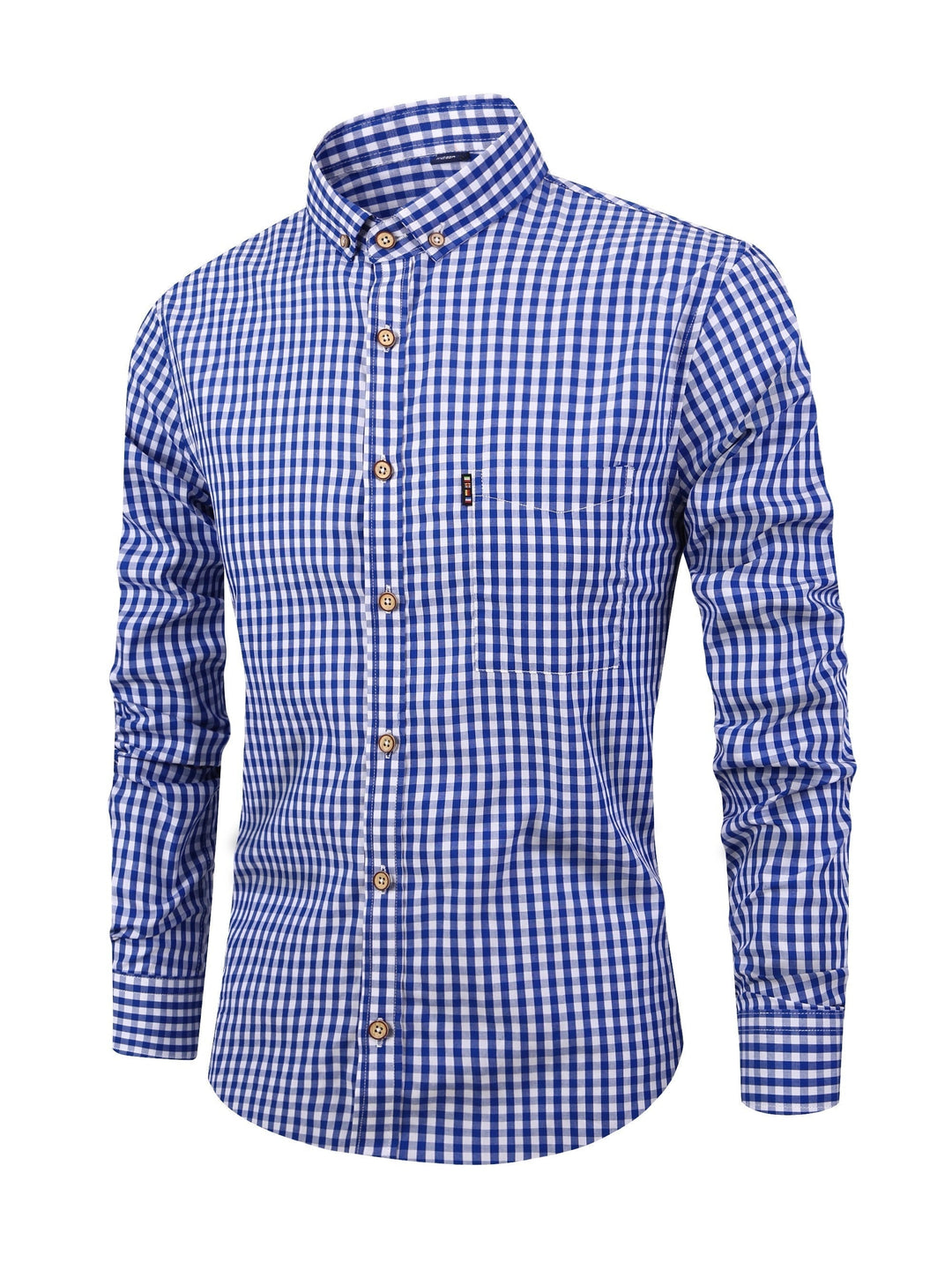 Blue and white check men's long sleeve button-down shirt front view