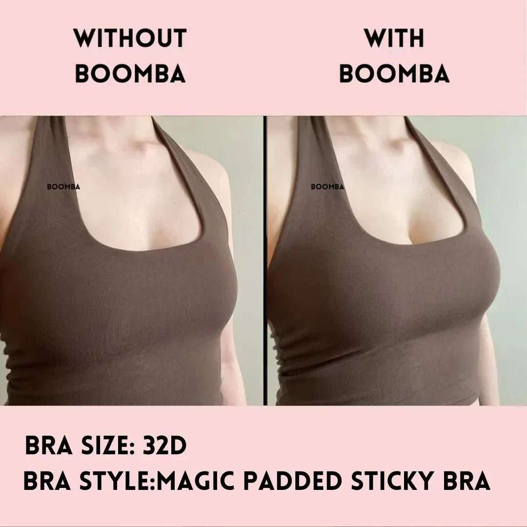 Comparison showing bust appearance before and after wearing padded sticky bra