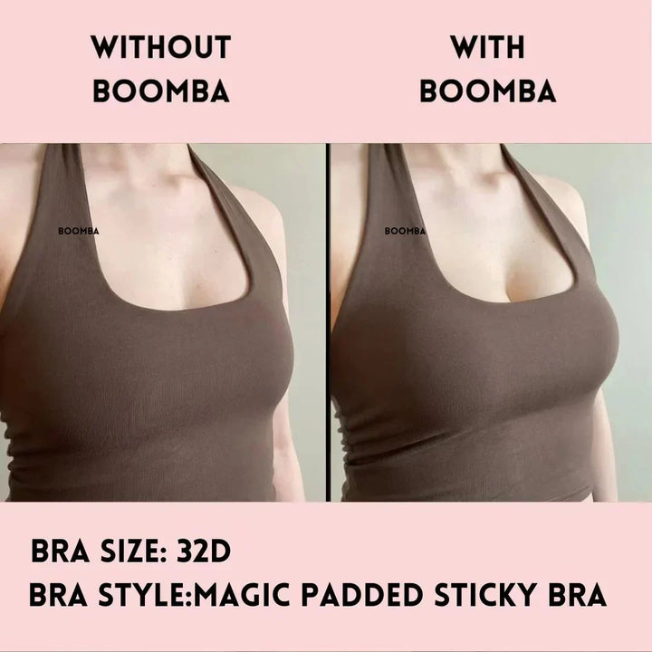 Comparison showing bust appearance before and after wearing padded sticky bra