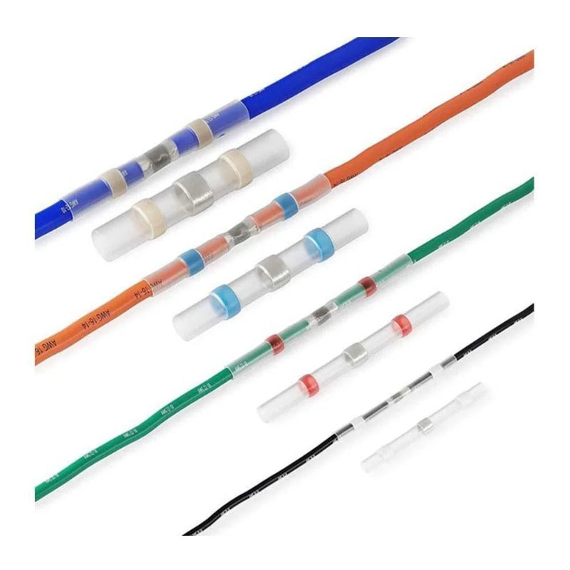 Assorted heat shrink electrical terminals and wire splices in a transparent storage box.