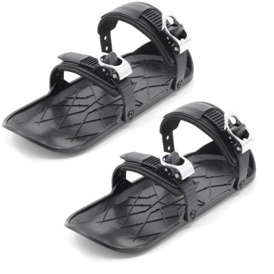 Pair of black mini ski skates with adjustable straps