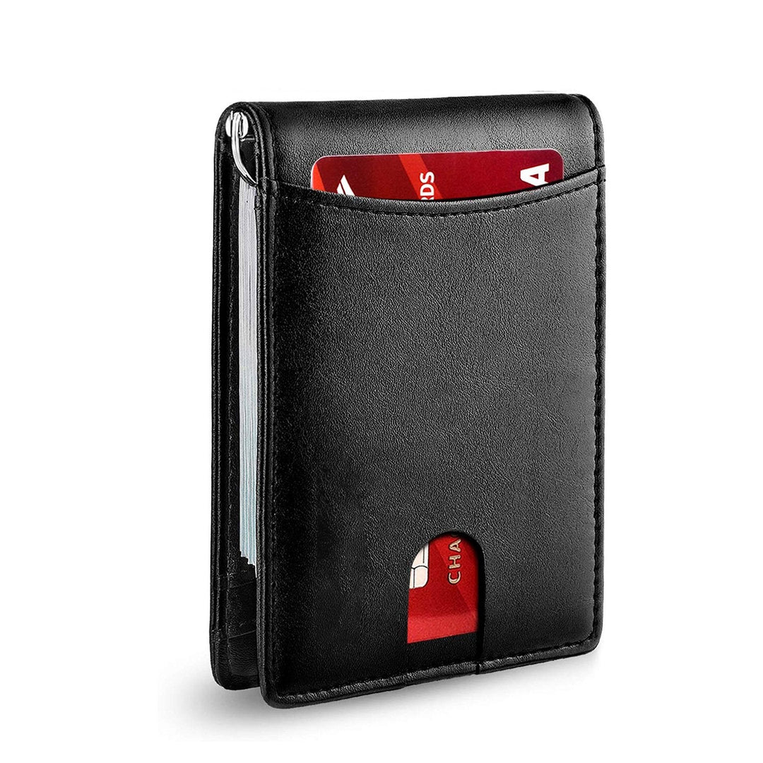 Men's slim black wallet showing card slot and money clip detail