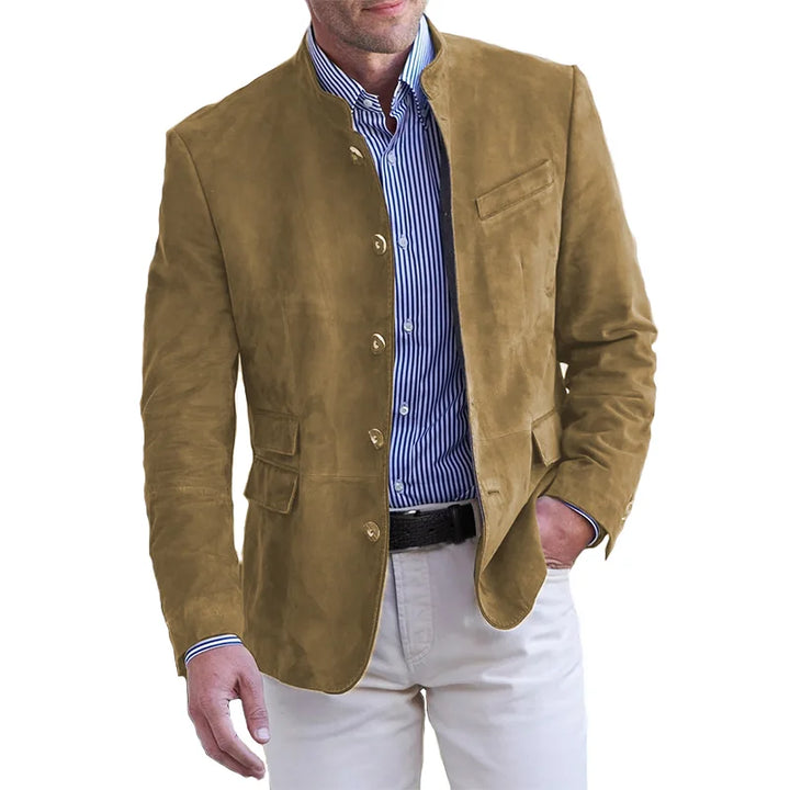 Man wearing khaki classic jacket with button closure