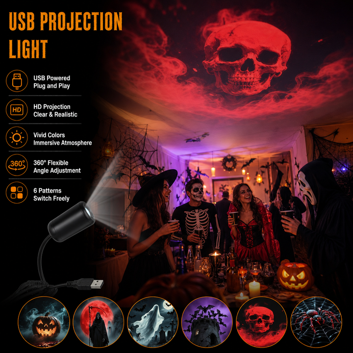 Halloween edition USB projection light displaying a red skull on the ceiling during a party