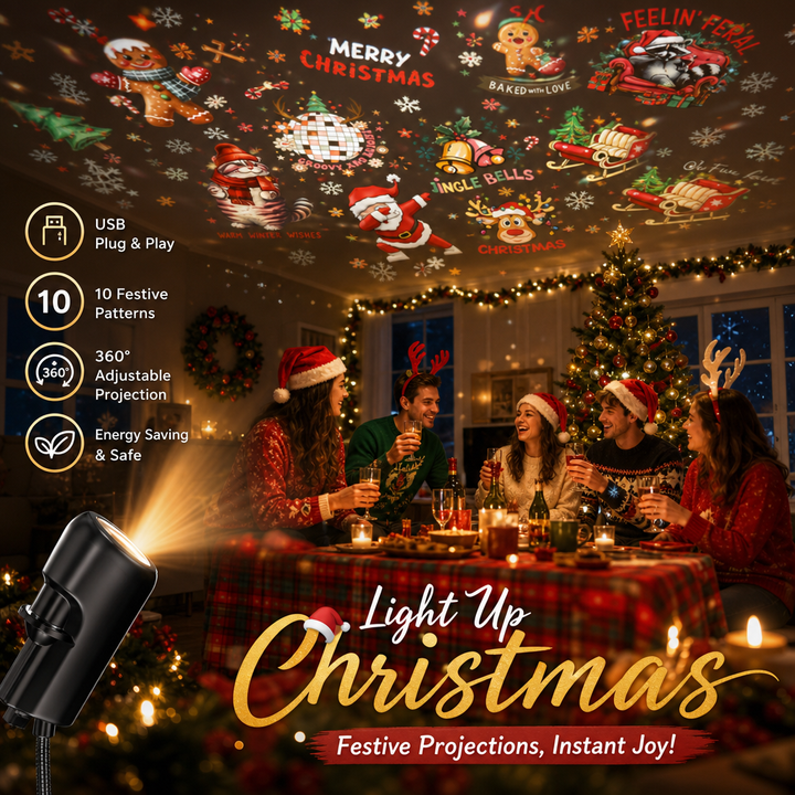 Christmas edition USB projection light displaying festive holiday scenes across a decorated room