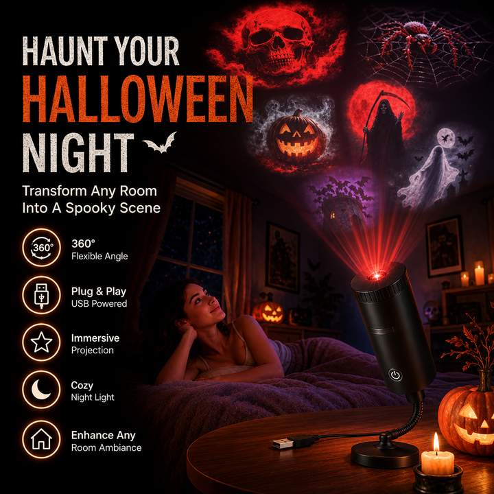 USB rotating night light projector casting holiday lighting and ambient room decor patterns