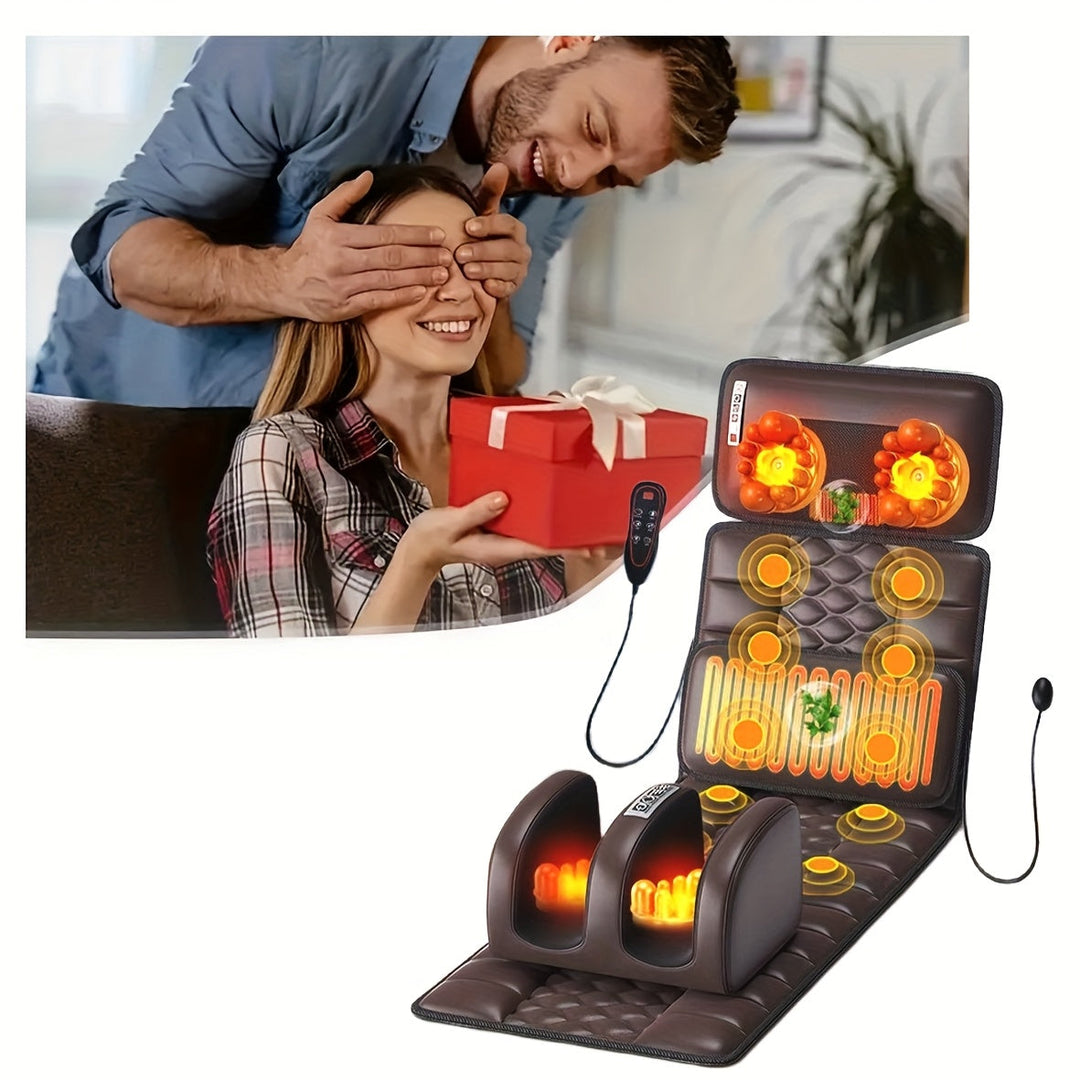 Full body massage mattress set up in a living room with gift box
