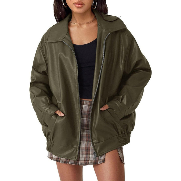Black leather bomber jacket styled for fall fashion outfit