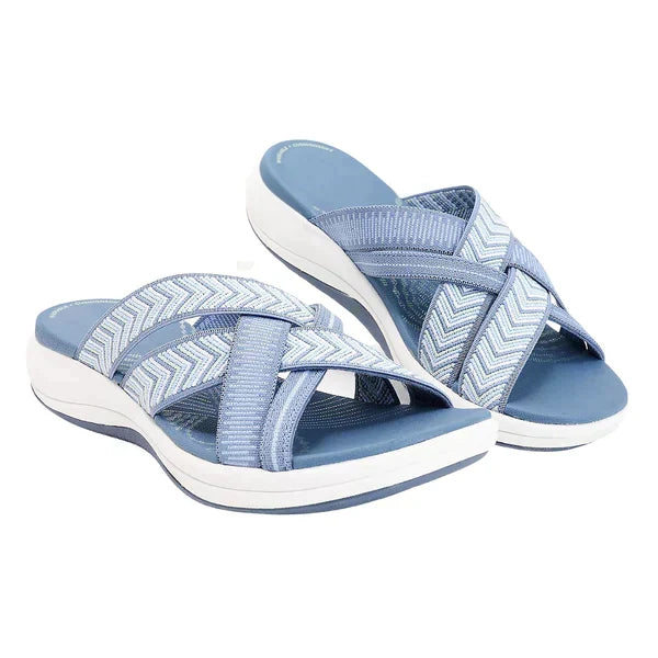 Women's orthopedic walking sandals in beige, side profile showing arch support