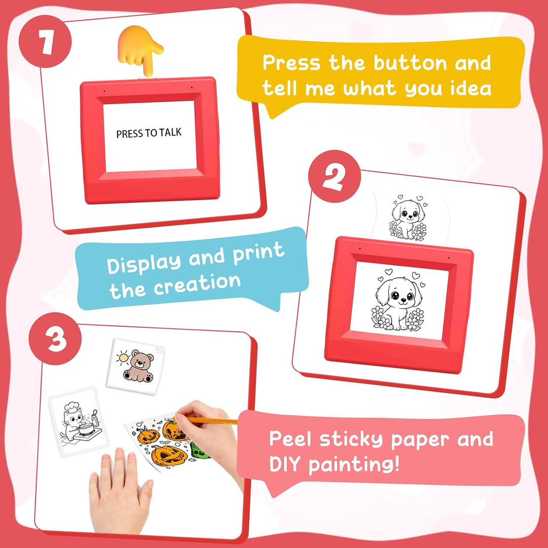 Step-by-step instructions showing how to talk, print, and peel stickers