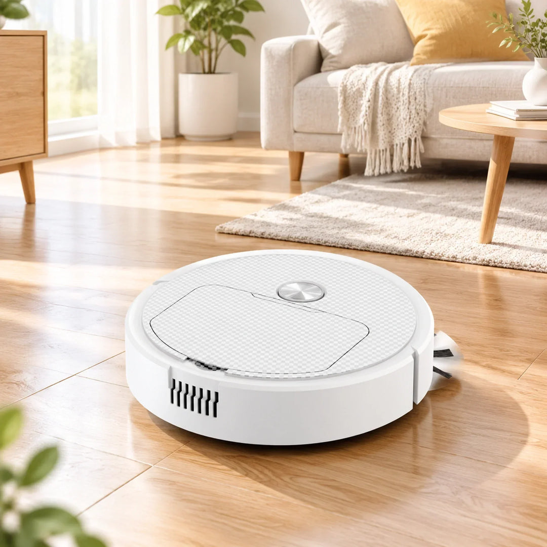 Smart 3-in-1 robot vacuum cleaner and mop in sleek black with USB charging on wooden floor