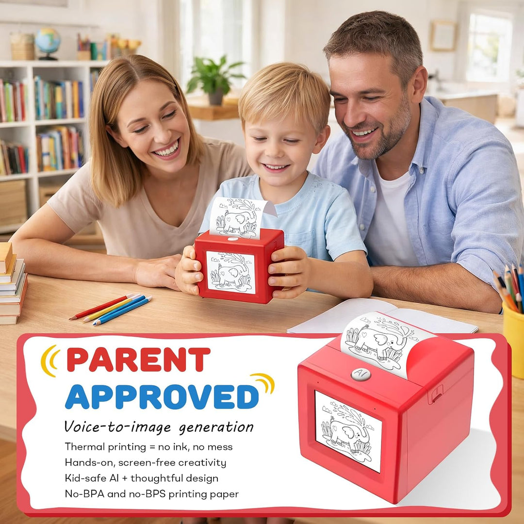 Kids AI voice-activated mini sticker printer in bright colors for creative play