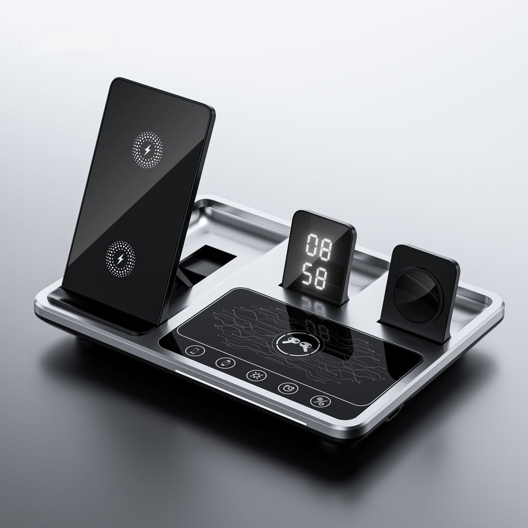 4-in-1 wireless charging station displaying phone, watch, and earbud charging pads