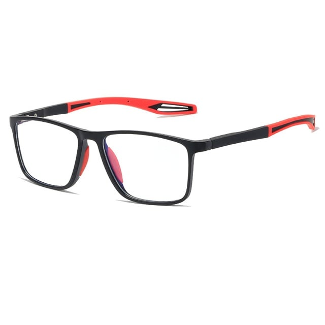 Close-up of multifocal anti-blue light reading glasses showing lens clarity