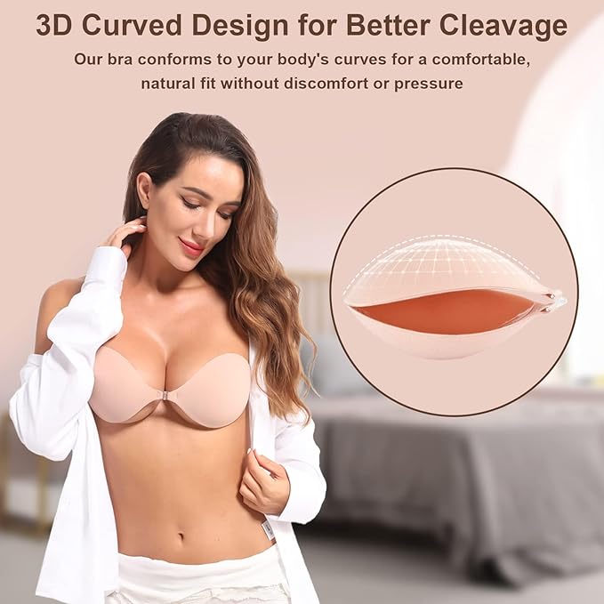 Woman wearing nude adhesive push-up strapless sticky bra with front clasp