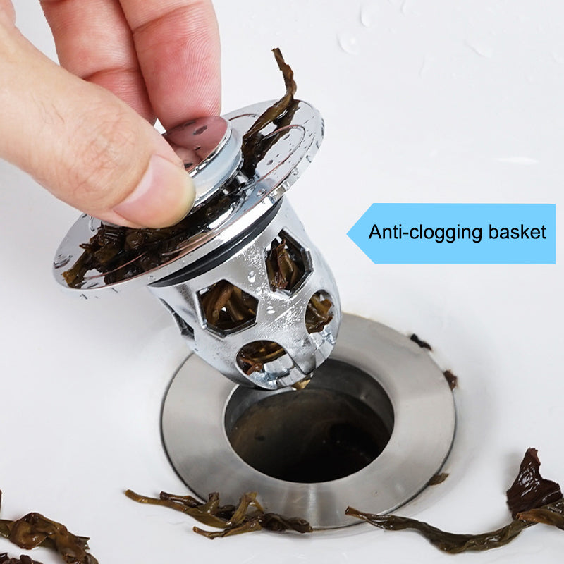 Universal washbasin pop-up drain stopper with built-in hair catcher basket