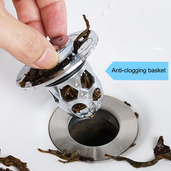 Universal washbasin pop-up drain stopper with built-in hair catcher basket