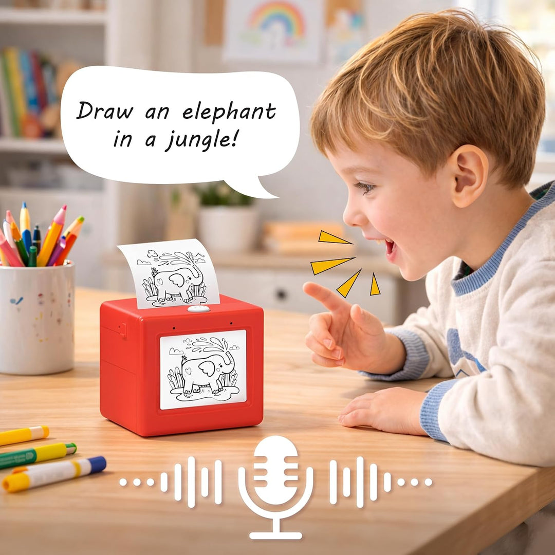 Child speaking an elephant drawing prompt into the AI mini sticker printer