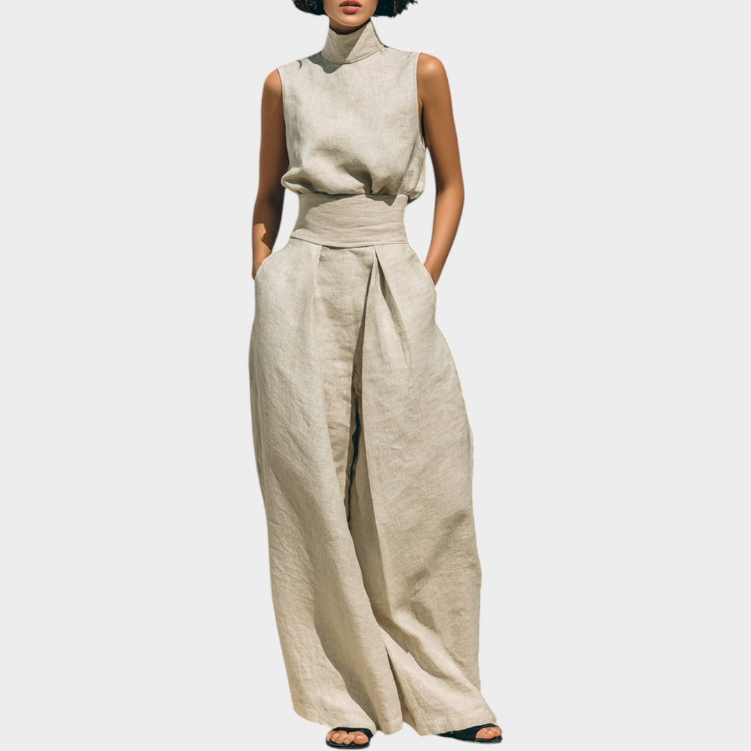 Woman wearing khaki high neck top and wide leg pants set