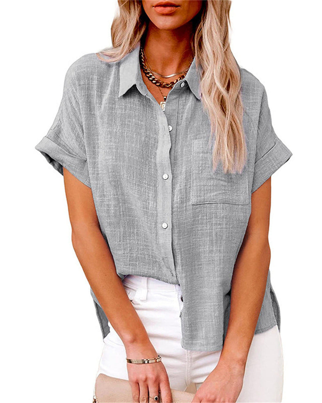 Side profile of women's elegant summer floral button-down top