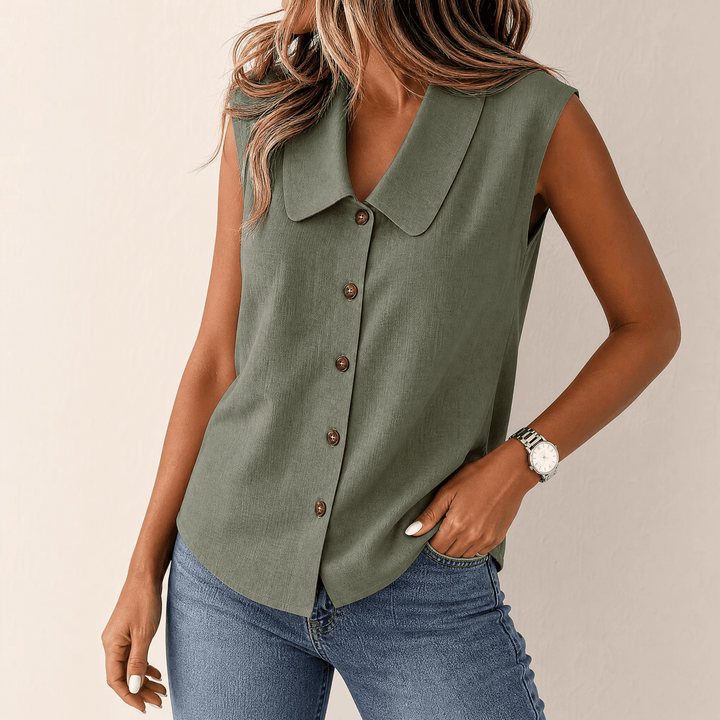 Flat lay of stylish sleeveless top and collared blouse for warm weather