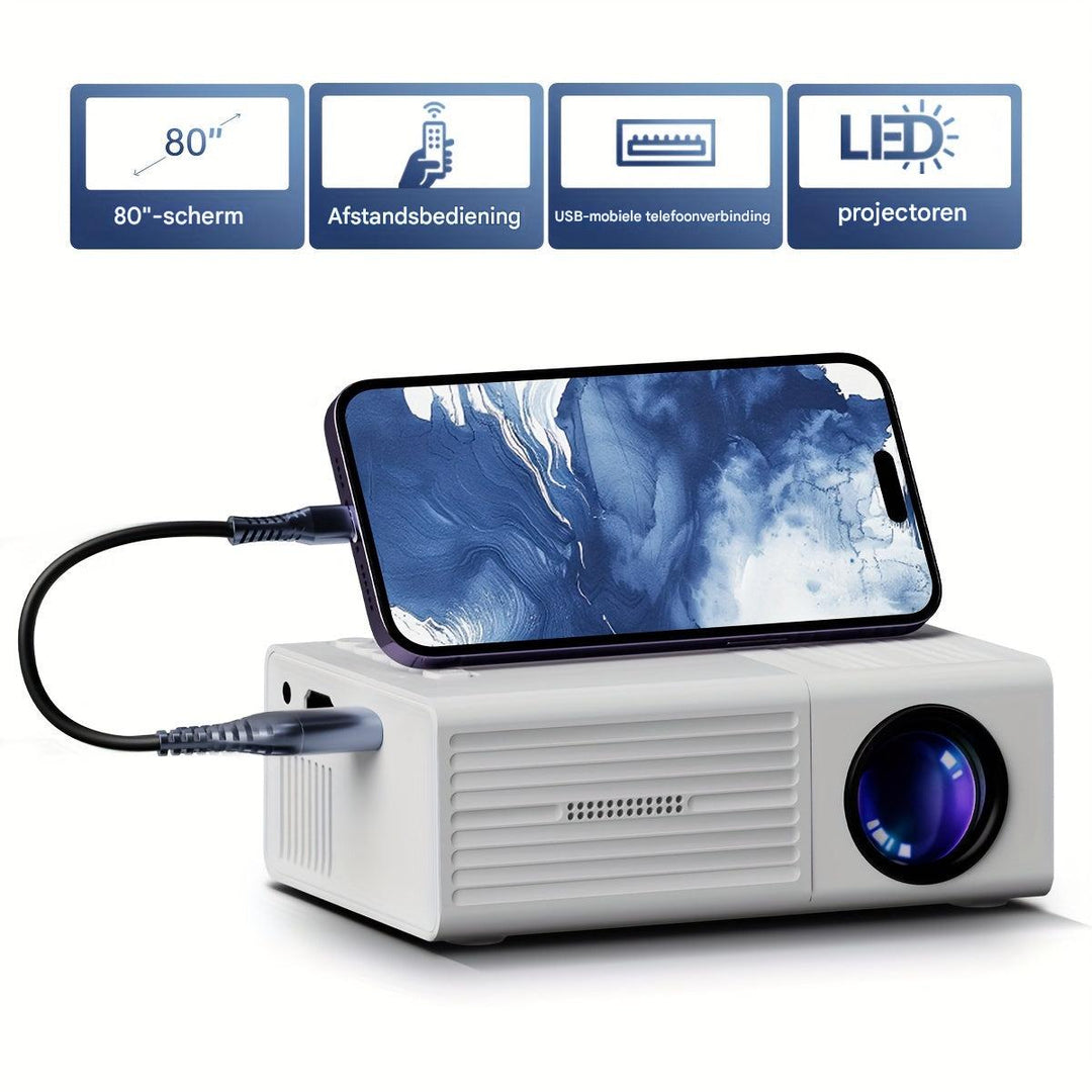 Portable mini projector setup angled to show lens and ventilation grill