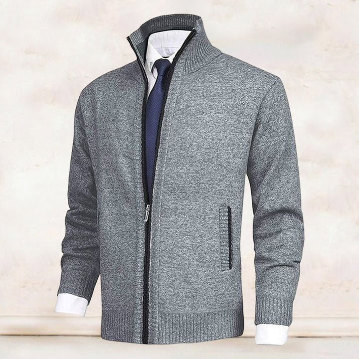 Ribbed collar and hem detail on a men's fashion knitwear cardigan