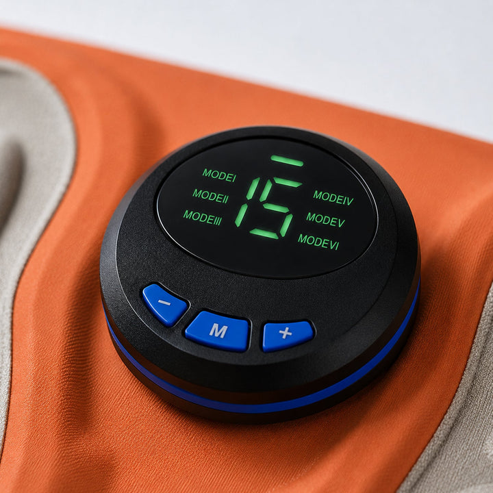Digital control display showing mode selection and intensity level 15 on the foot massager