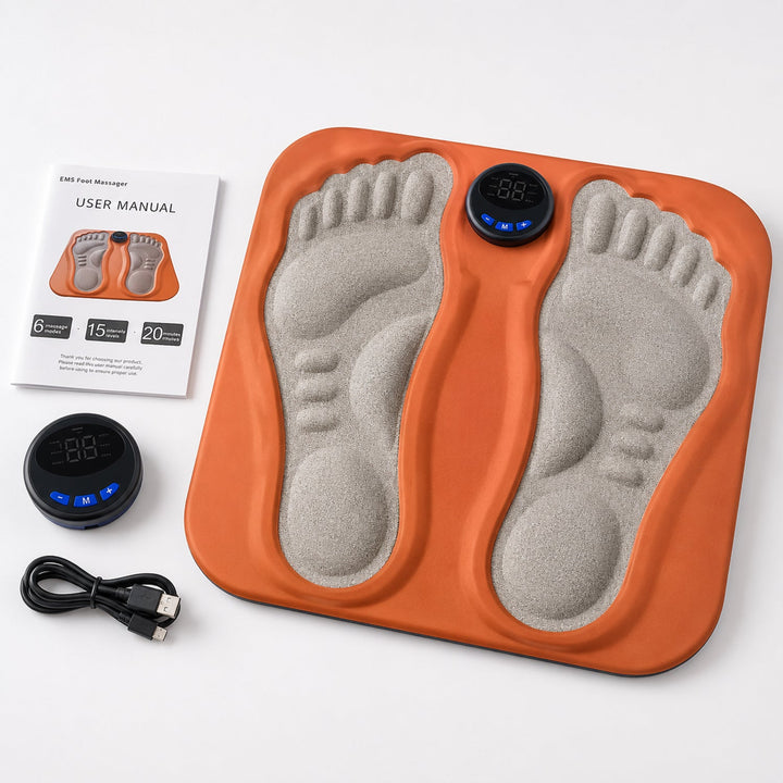 Orange 3D smart foot massager pad with control unit, manual, and USB cable on white background