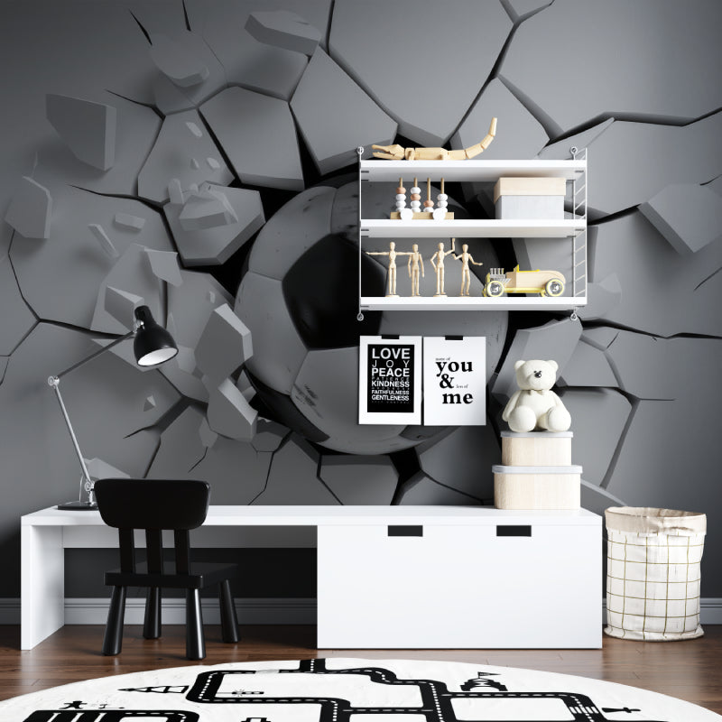3D football wall mural installed in a modern child bedroom with desk