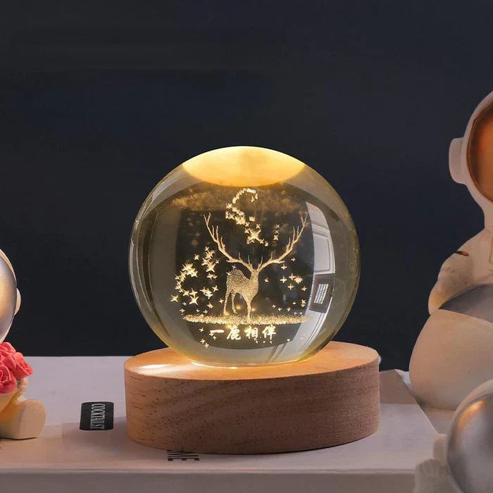 Atmospheric glowing crystal sphere casting starry light patterns on a wall