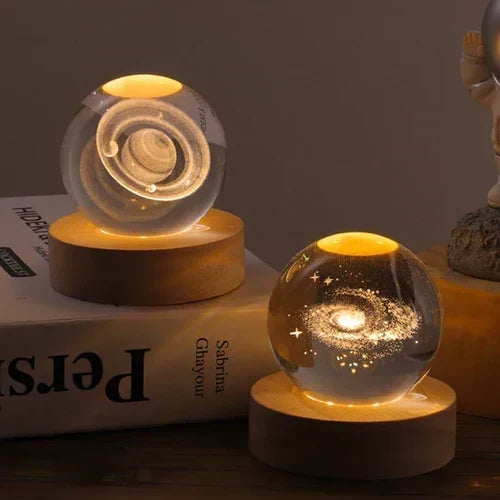 LED night light featuring an engraved 3D crystal ball on a wooden desk lamp base