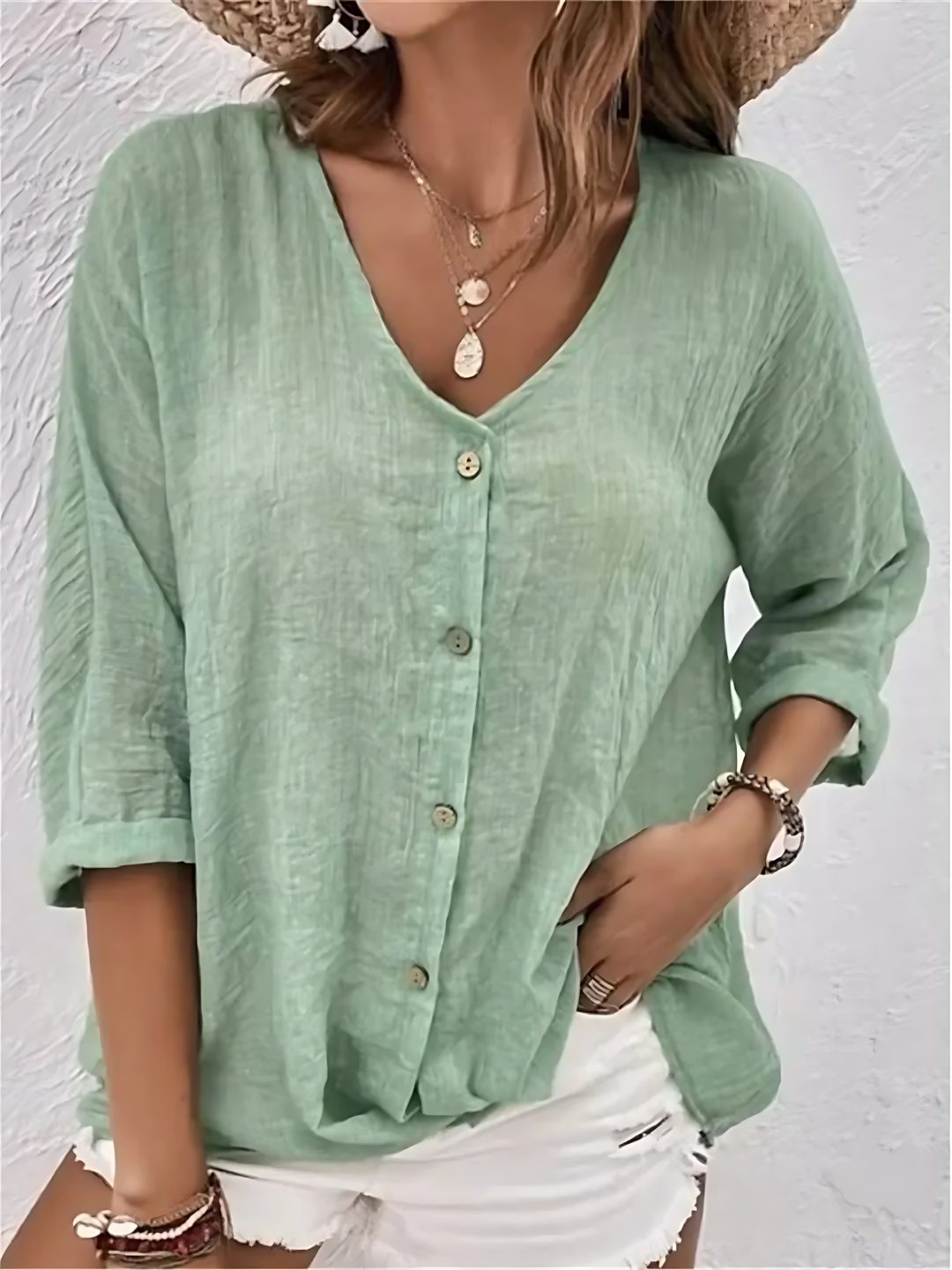 Side angle view of casual V-neck breezy day blouse