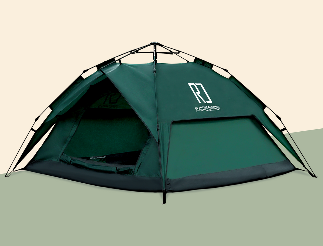 Green outdoor pop-up camping tent with branding logo displayed