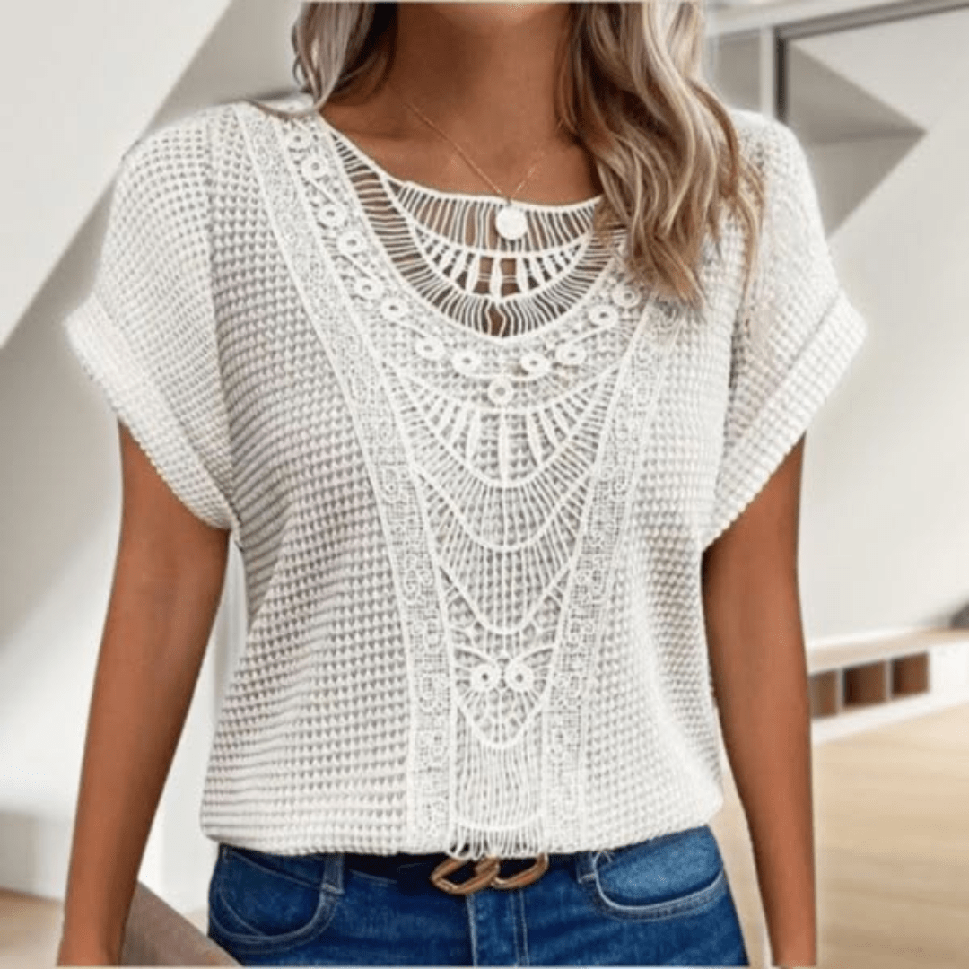 Close-up view of white vintage lace detail top neckline