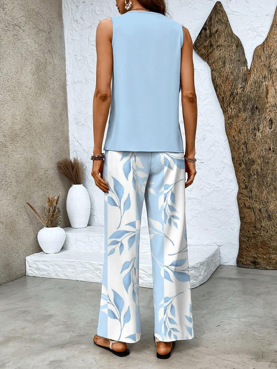 Back view of a woman showcasing the relaxed fit of the light blue summer matching set