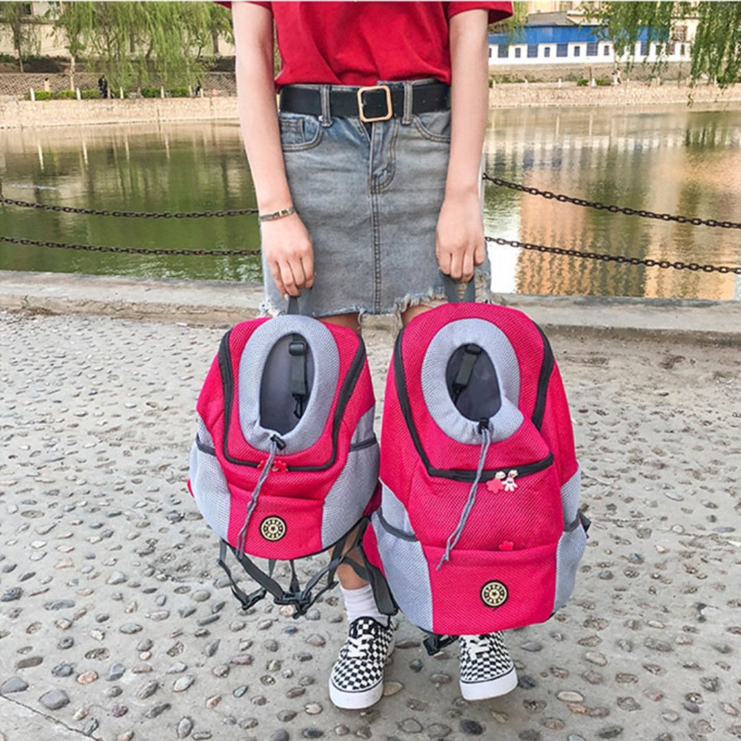 Person holding two red dog backpack carriers by the top handles