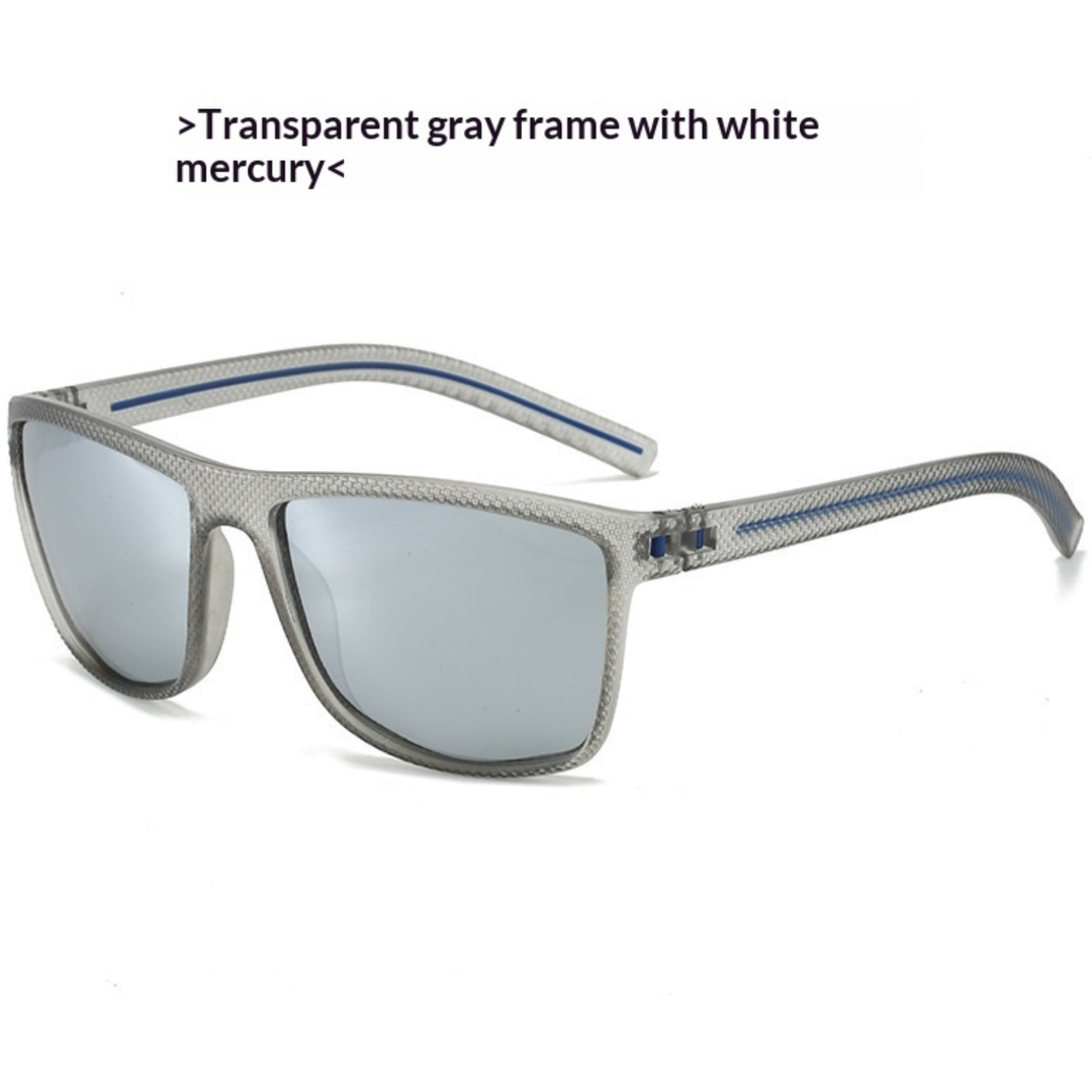 Mens sports eyewear displayed with protective cleaning case and accessories