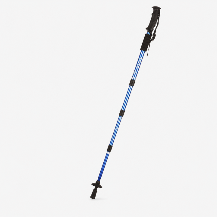 Blue collapsible aluminium trekking pole shown fully extended on a neutral background