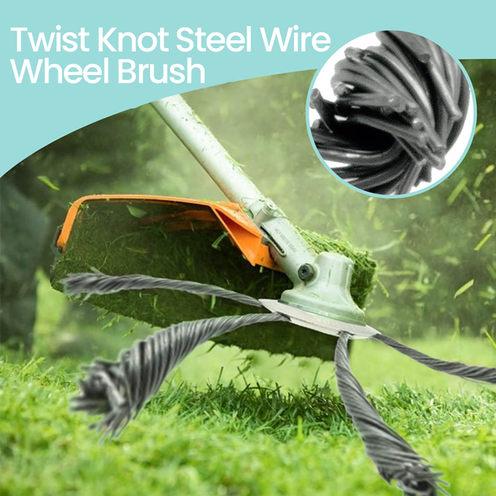 Close-up of carbon steel wire brush cutter head showing durable twisted bristles