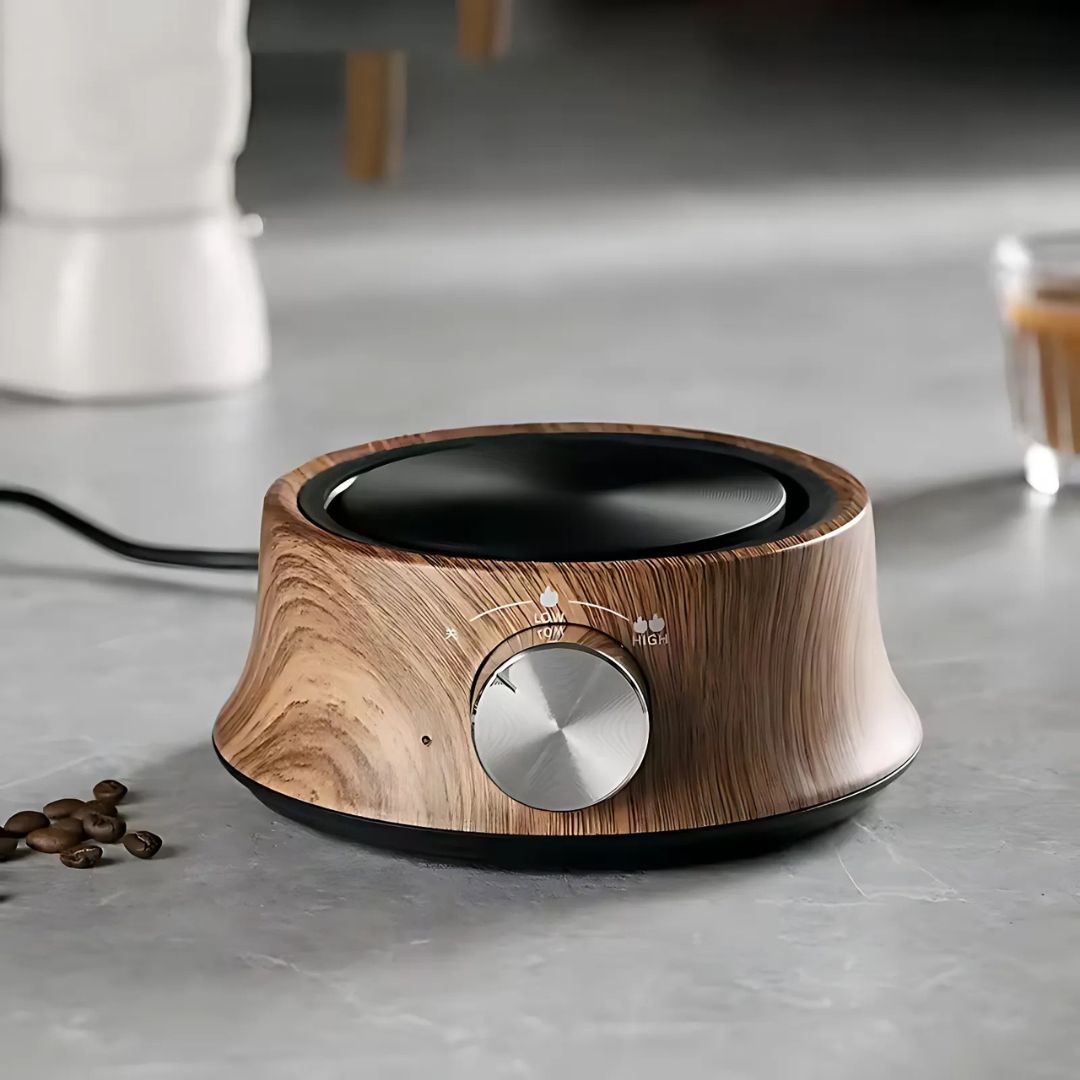 Compact mini hot plate with wood grain finish and temperature knob