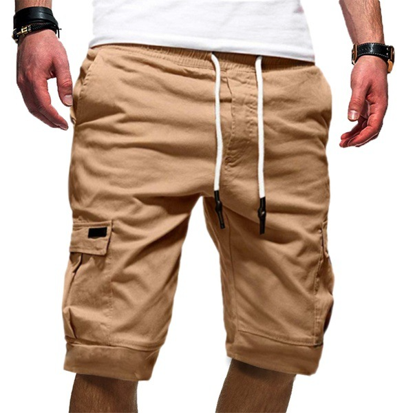 Men's beige casual cargo shorts with drawstring
