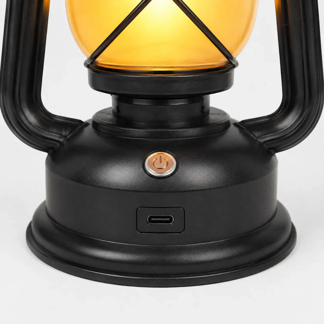 Vintage flame effect LED camping lantern glowing warmly for outdoor lighting and patio decor