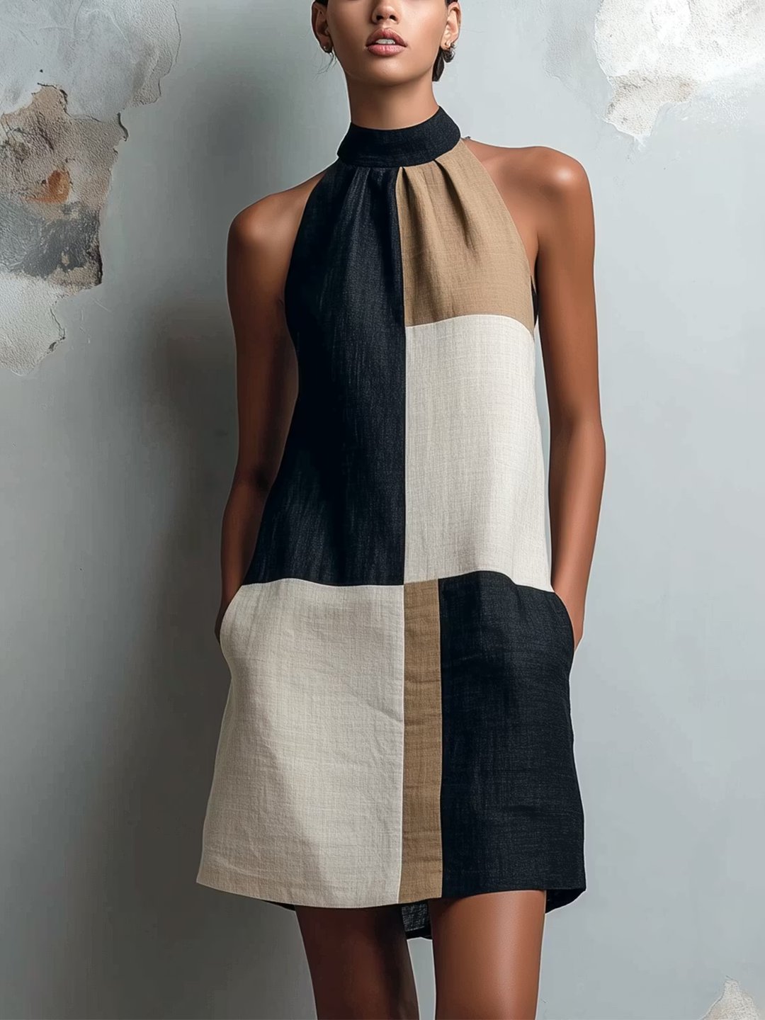 Front view of a woman wearing a colorblock halter mini dress