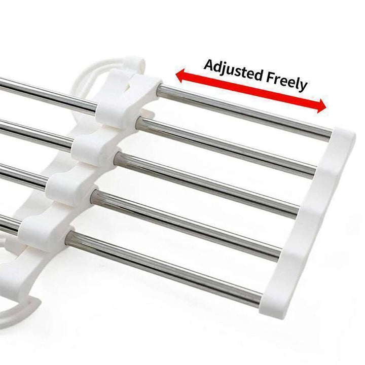 Closet organizer magic pants hanger displayed horizontally to maximize wardrobe storage