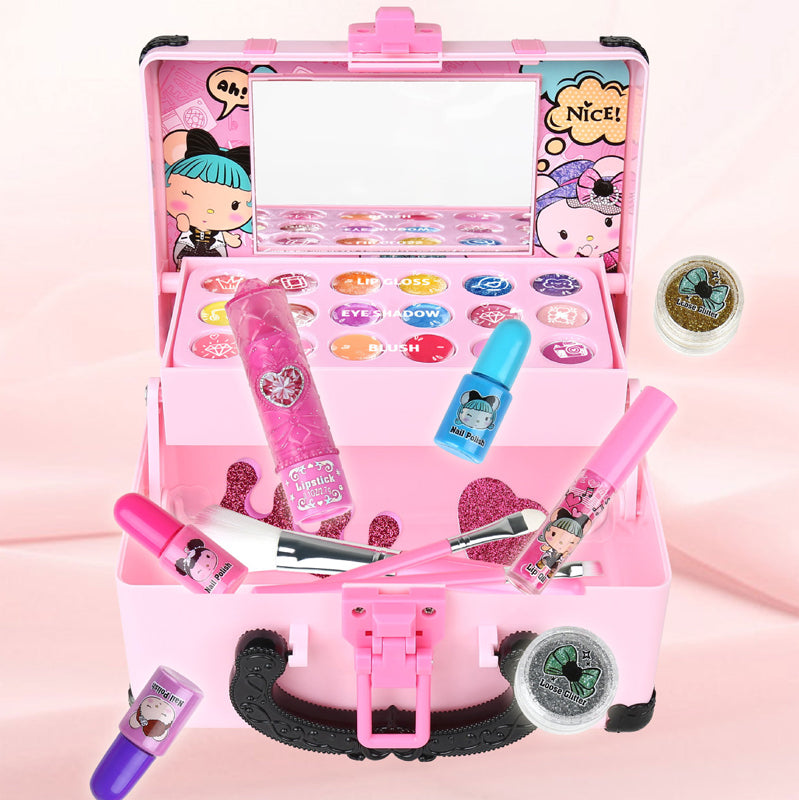Washable makeup for kids displayed in a cute travel vanity case
